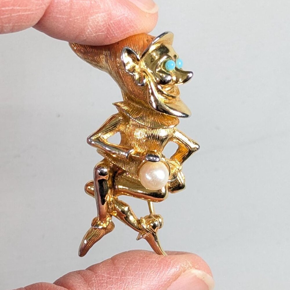Marcel Boucher Gnome or Leprechaun Brooch, Gold tone Gold Elf Pin holding pearl